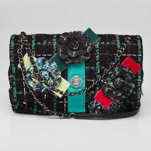 Chanel Black Multicolor Wool Tweed Camellia Flap Bag